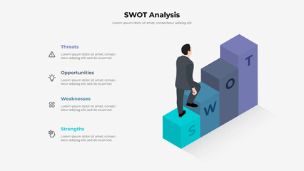 Businessman goes up the steps. Isometric SWOT analysis illustration.