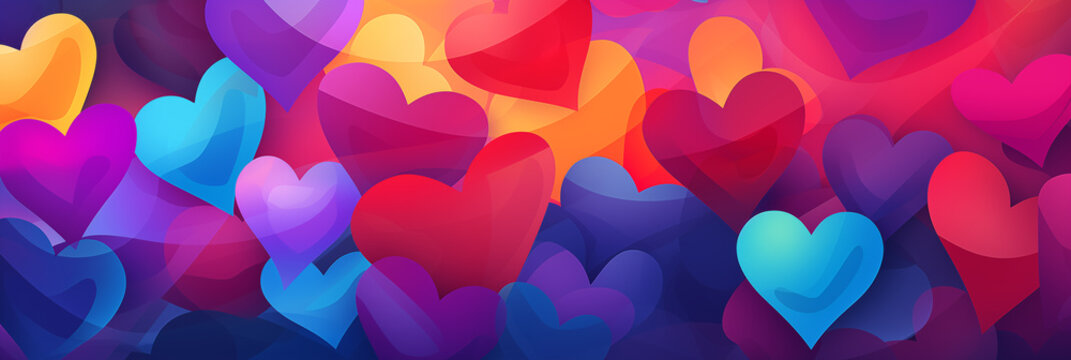 Fototapeta Colorful hearts background banner. Valentine's Day. Panoramic web header with copy space. Wide screen wallpaper