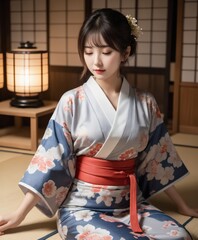 asian woman in a blue and white kimono 