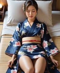 asian woman in a blue kimono laying on a bed sleeping 