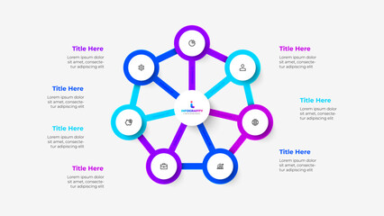 Heptagon abstract diagram with central circle and 6 circles around. Infographic template