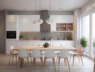 Fototapeta na wymiar Modern new light interior of kitchen with white furniture and dining table