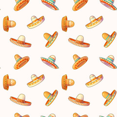 Seamless pattern with Mexican sombrero hats on a white background.