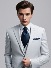 Young man in a white suit and a dark blue tie