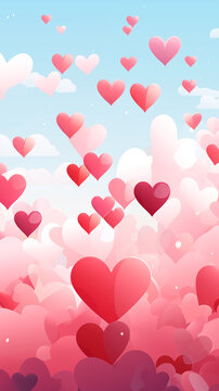 Valentine's Day card. Red hearts and blue sky background