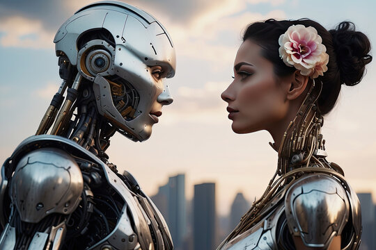 portrait of romantic couple human woman and male robot machine - futuristic love concept