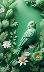 3d marble mural background light simple green wallpaper. birds in branches flowers floral background with flowers and herbs, Generative AI