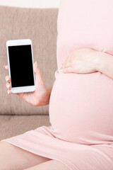 pregnancy with modern technologies.Pregnant woman showing cellphone with empty displayon sofa at home