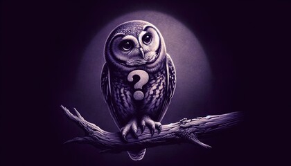 contemplative owl perches on a branch, dark purple background enhancing its introspective mood