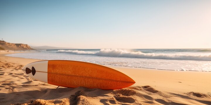 Surfboard in the sand, ocean waves behind.