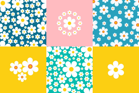Set of floral backgrounds seamless patterns, daisies vector background in cartoon naive style.