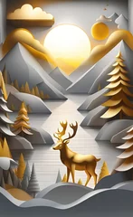 Fotobehang 3d modern canvas art mural wallpaper landscape lake background. golden deer, christmas tree, gray mountain, sun with clouds and birds, Generative AI © Picture Perfection