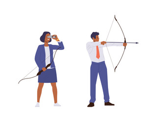 Businessman and businesswoman cartoon character holding bow and arrow isolated set on white