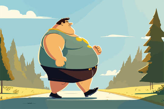 Fat man walking outdoor, vector illustration generated by AI