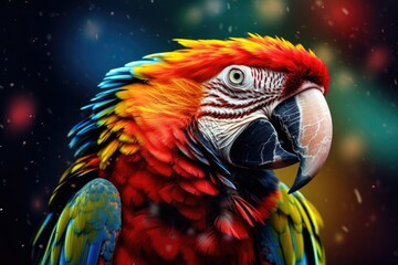 Close up photo of macaw parrot, Colorful portrait of Amazon macaw parrot against jungle. Side view of wild parrot head . Wildlife and rainforest exotic tropical birds Ai generated
