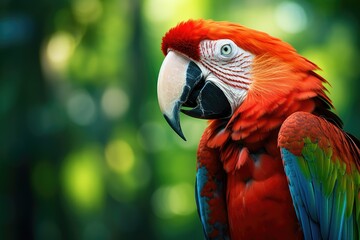 Fototapeta premium Close up photo of macaw parrot, Colorful portrait of Amazon macaw parrot against jungle. Side view of wild parrot head . Wildlife and rainforest exotic tropical birds Ai generated