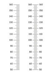 Set of Kids height chart from 50 to 160 centimeters. Template for wall growth sticker isolated on a white background. Meter wall, growth ruler. Vector outlined illustration. 