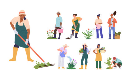 Happy people cartoon characters enjoying gardening and planting agriculture work isolated set