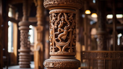 a large wooden column, Indian architecture with Generative AI - obrazy, fototapety, plakaty