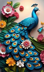 3D wallpaper for wall. Wallpaper for Interior Home Mural Painting art Decor. Peacocks, Butterfly, Elegant, Leather base, Seamless, Floral, Flowers in Bright color illustration Background,Generative AI