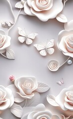 3d mural rose flowers wallpaper with pearl and butterfly. light simple background, Generative AI