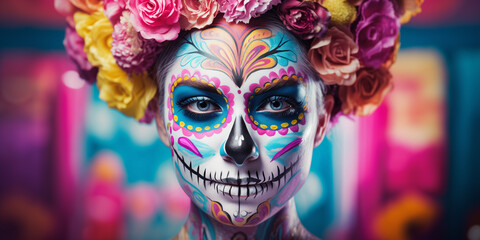 Cinco de Mayo. Calavera: Abstract Mexican Skull Face Paint. An abstract banner featuring a portrait in Mexican carnival style. - obrazy, fototapety, plakaty
