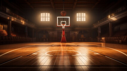 image of a basketball court facing the basketball hoop with Generative AI - obrazy, fototapety, plakaty