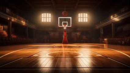 Fotobehang image of a basketball court facing the basketball hoop with Generative AI © chocoloki