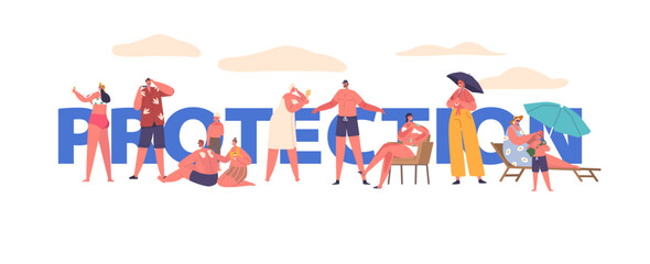 People Characters Wisely Shield Themselves From The Sun Harsh Rays, Donning Hats And Applying Sunscreen, Banner