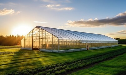 A Serene Greenhouse Bathed in the Warm Glow of the Setting Sun