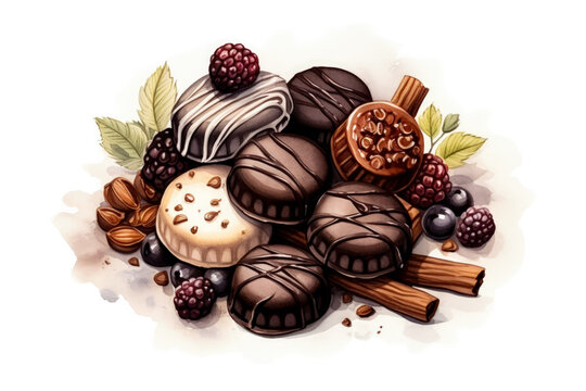 Sumptuous Watercolor Chocolate Indulgence on White Background 