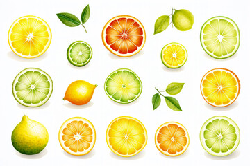 Citrus Burst Watercolor Collection on White Background 