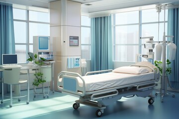 Modern Hospital room with a bed, Comfortable medical Interior of an empty hospital bed and Recovery Room with bed Ai generated