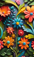 wallpaper pattern with colorful flowers and leaves. 3d interior mural painting wall art decor wallpaper. floral pattern nature plant with bright color flowers illustration background, Generative AI