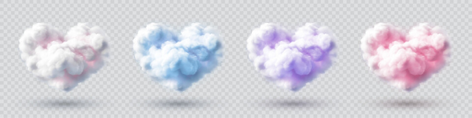 Cloud heart. Pink and blue 3d smoke in sky, fluffy realistic purple dream, pastel valentine love shapes. Summer season cloudscape. Vector realistic illustration on transparent background - obrazy, fototapety, plakaty