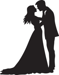 A silhouette of a bride and groom kissing