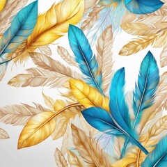 Drawing turquoise, golden, blue and yellow tree leaves feathers in light background, Generative AI