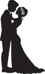 A silhouette of a bride and groom kissing