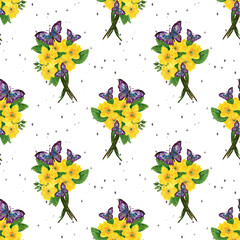 Hand drawn and painted illustration wildflower Blooming Blossom yellow floral and butterfly