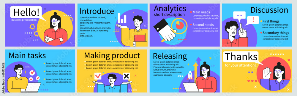 Poster Presentation slide template. Advertising report. Business marketing background or data infographic. Bright brochure cover. UI design. Discussion and project tasks. Vector banners set