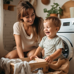 person in the laundry, mother and son, happy relations