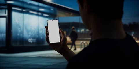 Caucasian male using his phone in the street at night near bus stop