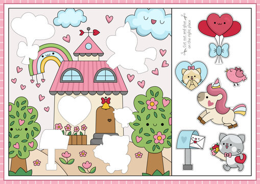 Vector Saint Valentine cut and glue activity. Crafting game with cute kawaii date scene. Fun love holiday printable worksheet. Find the right piece of the puzzle. Complete the picture with unicorn