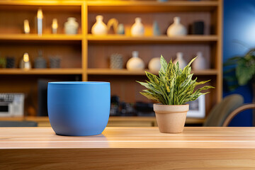 Fototapeta na wymiar Interior Scene and Mockup. Wooden table and blue wall, green plant on the table.