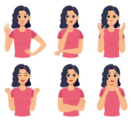 Happy girls. Sad or happy woman avatars. Different face emotion expressions. Hand gestures. Angry female. Cute emoji. Students joy. Cheerful or scared person. Vector cartoon characters set