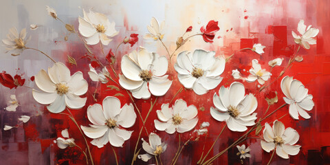 Abstract oil painting White petals, flowers drawn with a palette knife on a red background.