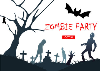 Halloween invitation. Zombie party. Spooky graveyard landscape. Bare trees. October holiday. Creepy cemetery silhouette. Grave tombstones. Undead corpses. Black bats. Vector banner design - obrazy, fototapety, plakaty
