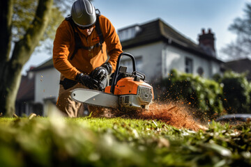 Person cutting grass with chainsaw and mower in the backyard background. - obrazy, fototapety, plakaty
