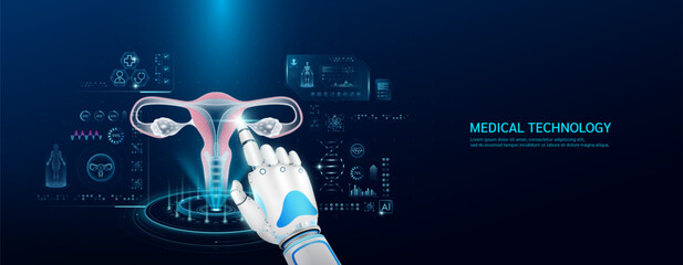 Robot index finger is touching a human uterus. Medical health care with futuristic technology AI. Organ X ray examination and scan virtual simulation interface hologram. Banner vector.