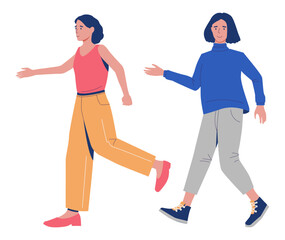 Creative women. Happy girls walking. Casual summer outfit. Smiling persons in sweater or T-shirt. Trendy jeans trousers. Hand waving gesture. Garment wear. Cartoon characters vector set